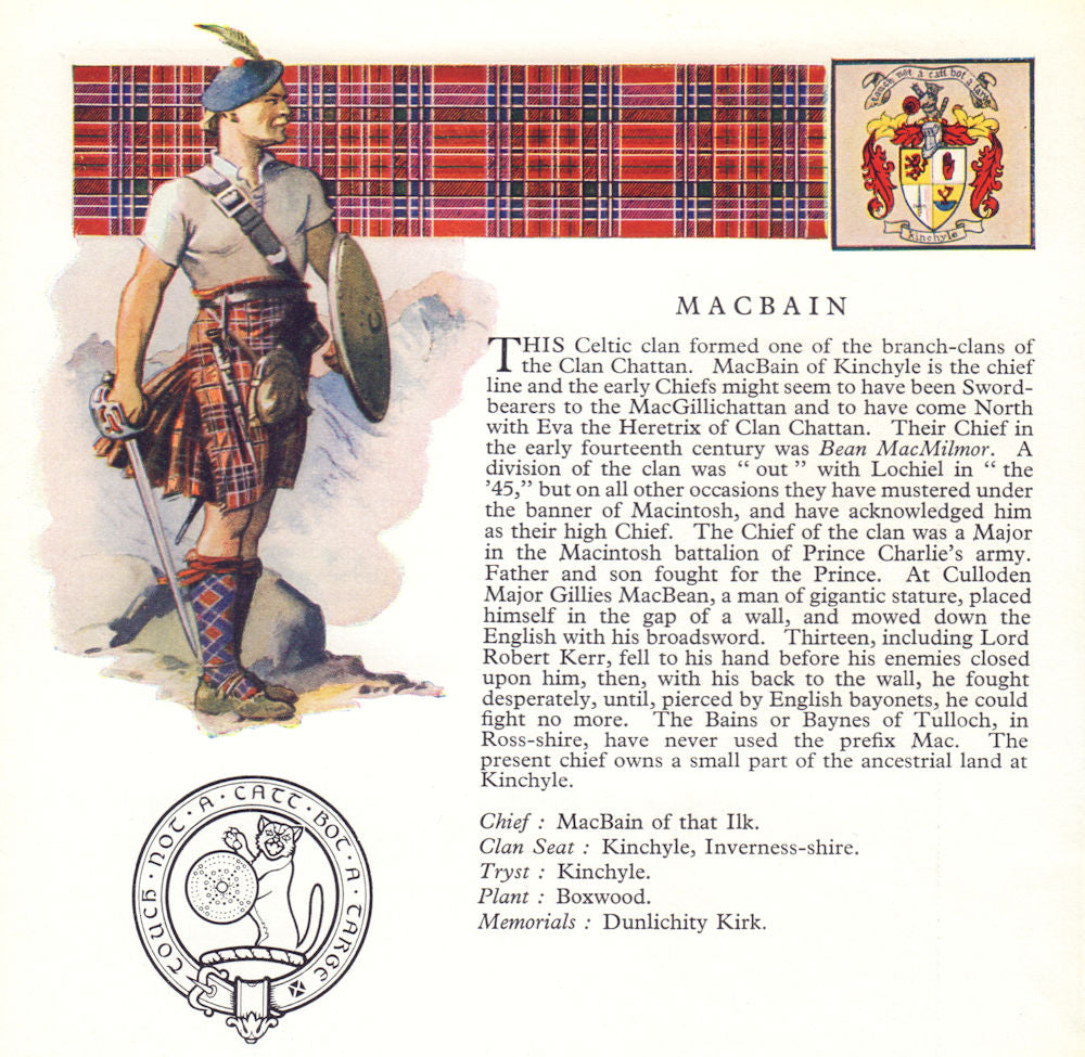 MacBain. Scotland Scottish clans tartans arms badge 1963 old vintage print
